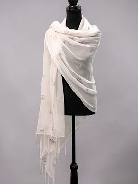 Aremar White Fish Print Scarf Tassel Trim Sheer Novelty Coastal